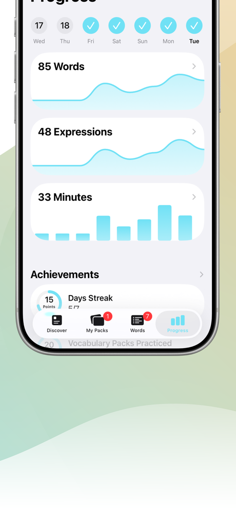 LENGOアプリでオランダ語を学ぶ進捗ダッシュボードを表示するスマートフォンの画面。学習した単語、表現、学習時間を示す。