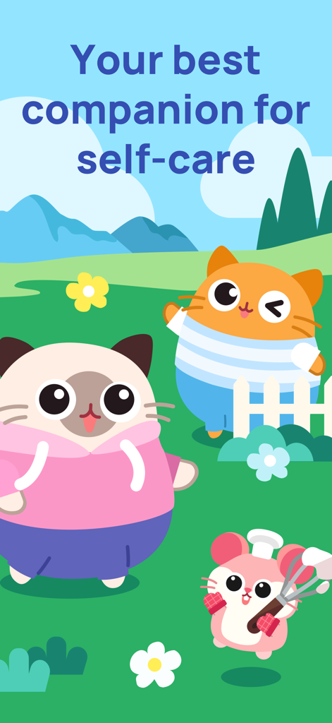 Catzy: Self-Care Journey - Two cute cartoon cats and a hamster in a field with the text Your best companion for self-care