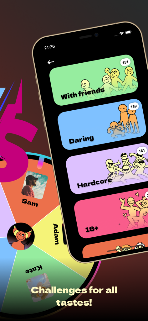 Truth or Dare? Fun Party Game - Truth or Dare app interface showing game modes like With Friends and Hardcore alongside a player spinner wheel