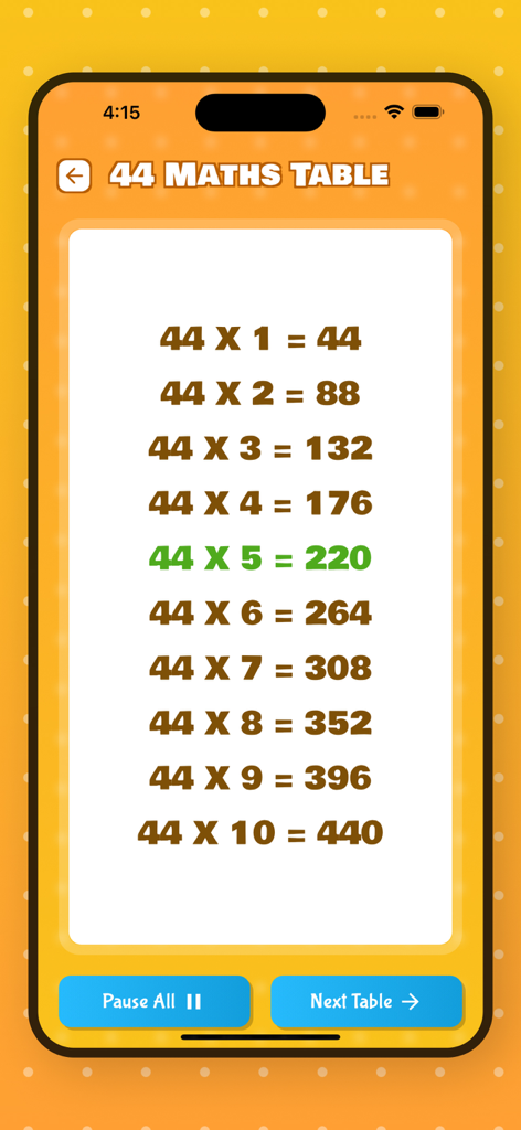 Maths Multiplication Table - Una interfaz de aplicación móvil que muestra la tabla de multiplicar del cuarenta y cuatro con una fila resaltada y controles de audio