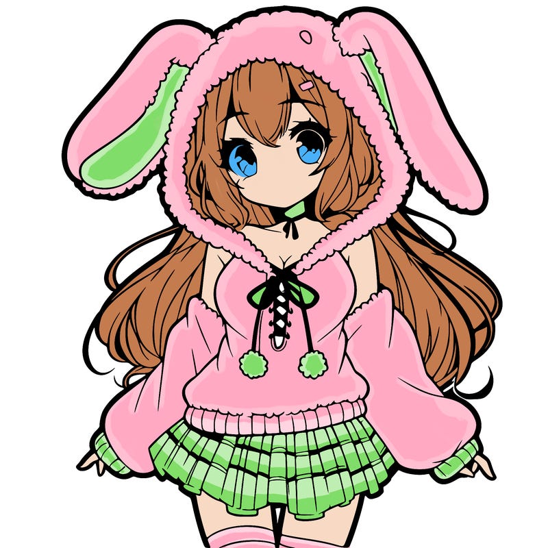 pretty anime girl wearing a fluffy hoodie with bunny ears on the hood and a skirt