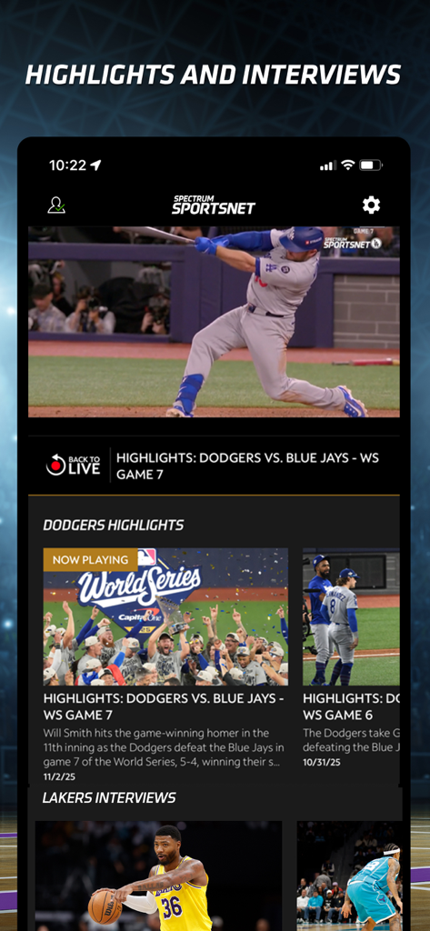 Spectrum SportsNet app showing Dodgers highlights and Lakers interviews on a mobile interface