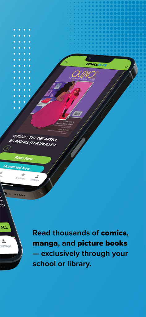 A smartphone showing the Comics Plus app interface with a comic book cover and options to read or download through a library or school account.