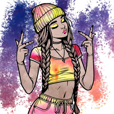 realistic teenage girl with braids and a beanie and crop top doing 🫶🏼