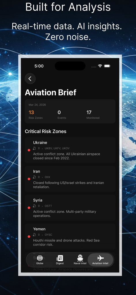 Atlas : Global Intelligence - Aviation brief screen within the Atlas app displaying real-time critical risk zones for flight paths in countries like Ukraine and Yemen