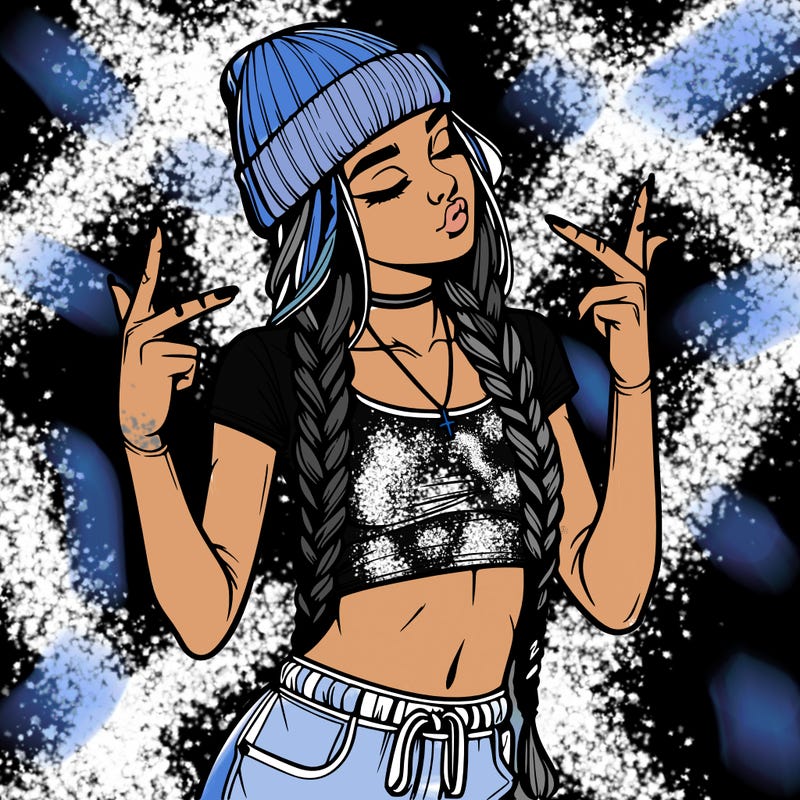 realistic teenage girl with braids and a beanie and crop top doing 🫶🏼