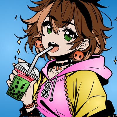 hot baddie anime girl drinking boba and biting the straw