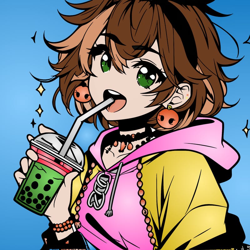 hot baddie anime girl drinking boba and biting the straw