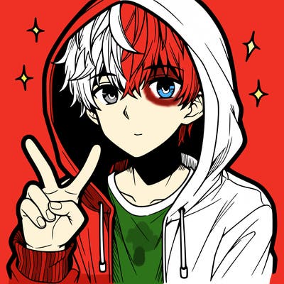 teenage manga boy in a hoodie, doing ✌