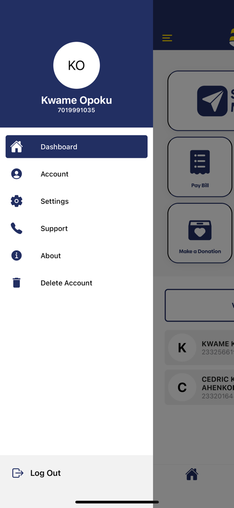 Menu de navegação lateral do aplicativo Instntmny Transfer mostrando perfil do usuário e configurações da conta