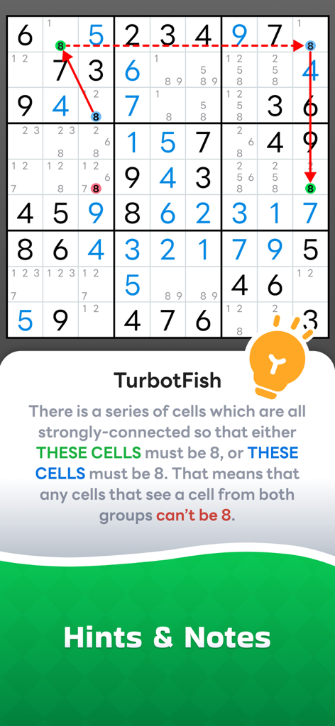 Sudoku Now! - Pistas inteligentes que explican la técnica de resolución TurbotFish en Sudoku Ahora