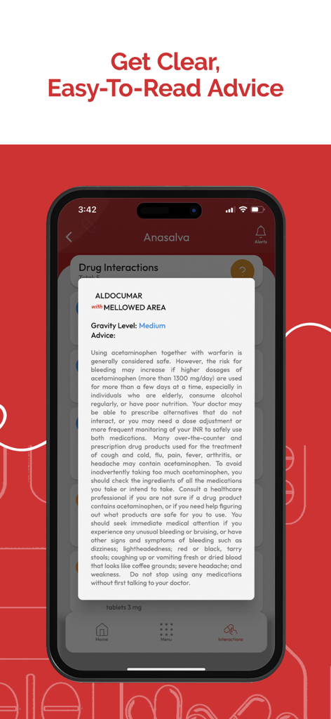 ANASALVA - Pantalla de la aplicación móvil ANASALVA que muestra asesoramiento médico detallado sobre interacciones medicamentosas.