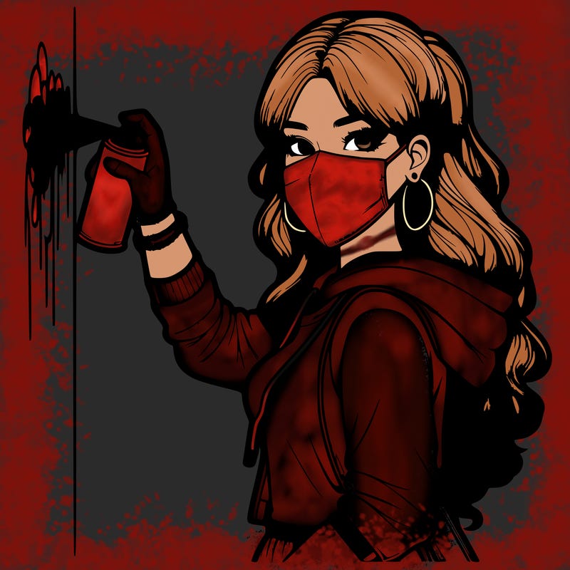 realistic girl with mask spray painting a wall