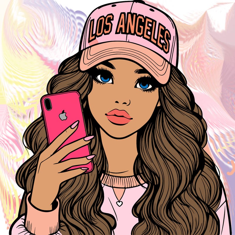 realistic beautiful girl wearing los ángeles cap holding an iphone