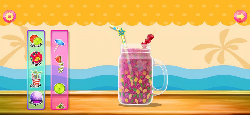 Juice Maker - Summer Drinks - A purple fruit juice in a mason jar being decorated with a straw and cherries in a beach-themed kids game.