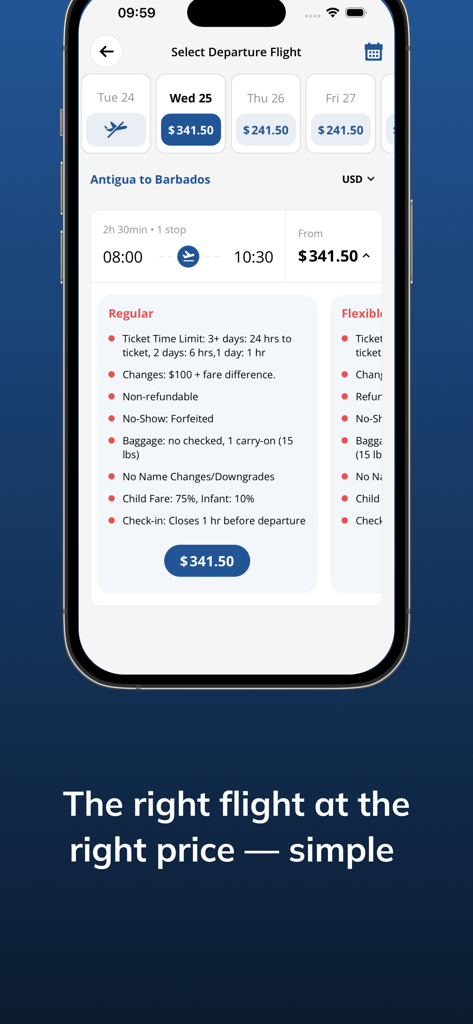 Liat Air 앱 인터페이스에서 가격 및 요금 세부 정보와 함께 앤티가에서 바베이도스까지의 항공편 선택 표시