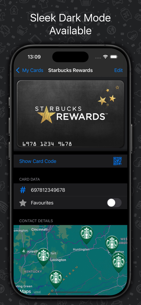 Oyko - Loyalty Cards Wallet - Oyko app in dark mode displaying a Starbucks Rewards card and a map of nearby store locations