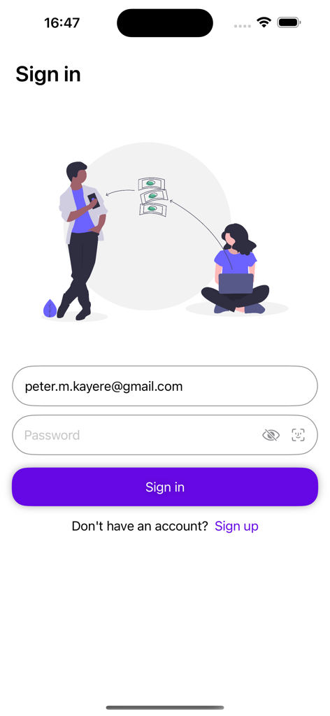 D-CASH - D-CASH app sign in page with login fields and purple button