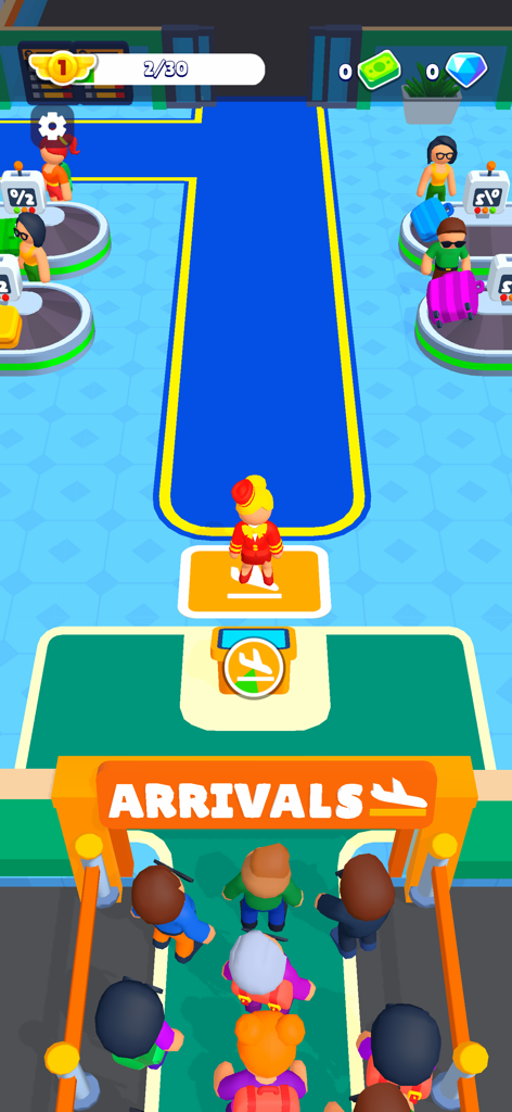 Top-down view of passengers queuing at the arrivals gate and baggage carousels in the Airport Idle mobile game.