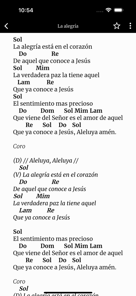 Testi di inni spagnoli con accordi di chitarra visualizzati nell'app Inni e Cantici del Vangelo