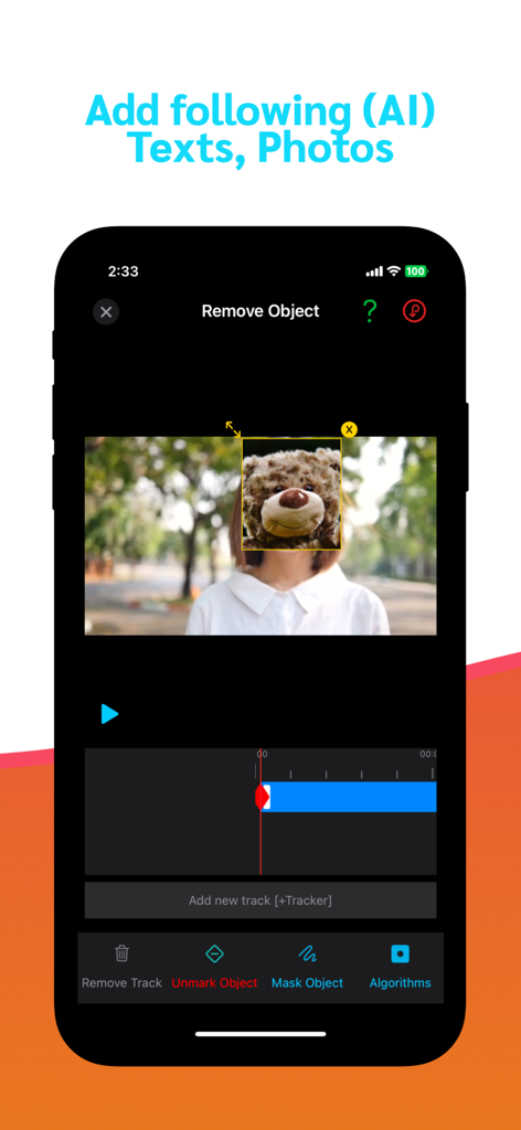 Mobile interface of the video retouch app showing AI powered object removal and masking tools