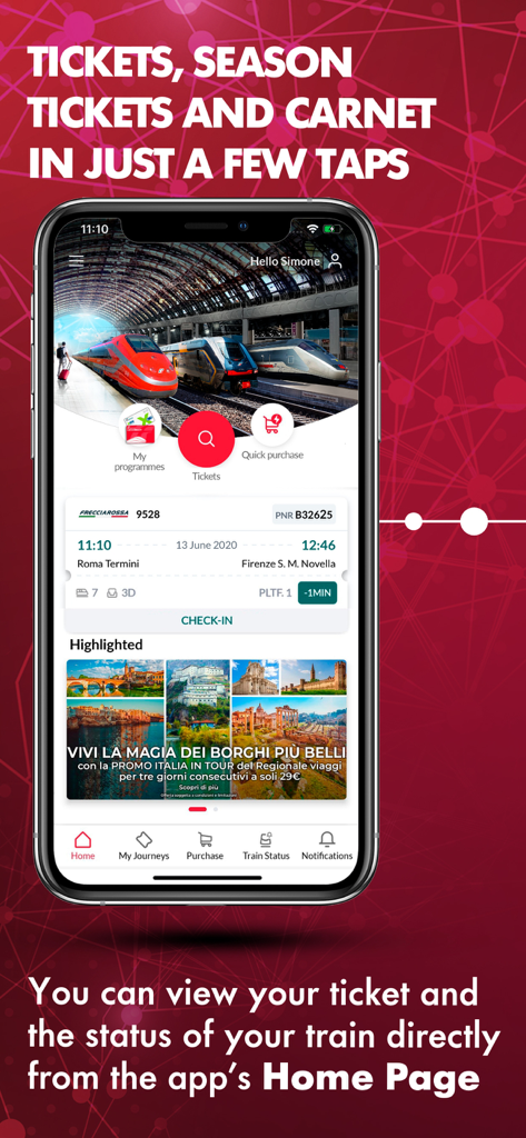 The Trenitalia app home screen displaying a digital train ticket with real-time status and quick purchase options.