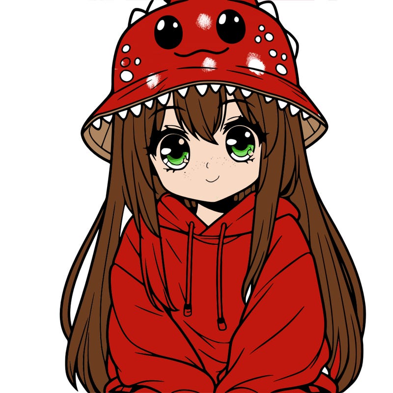 girl with anime shaped eyes with a dinosaur bucket hat oversized sweatshirt long straight hair