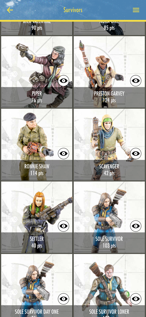Fallout Miniatures - Un menú de cartas de unidades de Supervivientes y sus costes en puntos en la aplicación Fallout Miniatures