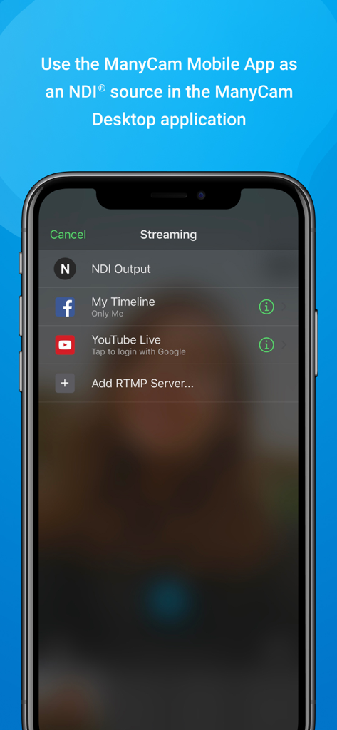 Mobile ManyCam-Benutzeroberfläche mit Optionen für NDI und Streaming-Dienste