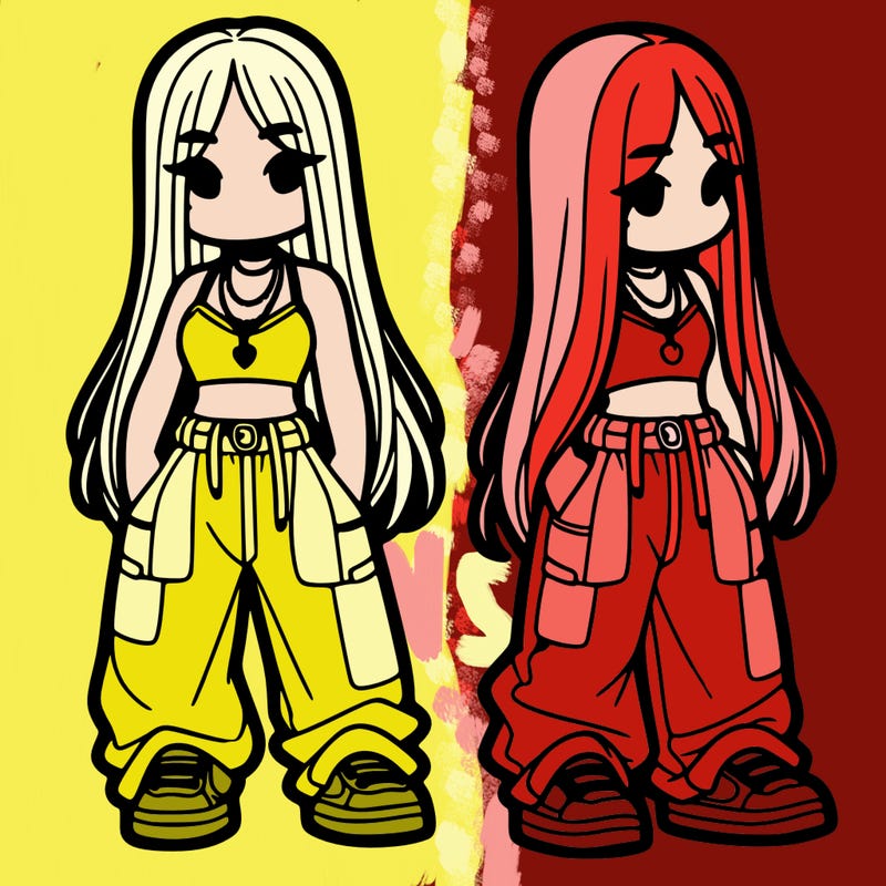 girl in baggy pants crop top and long hair