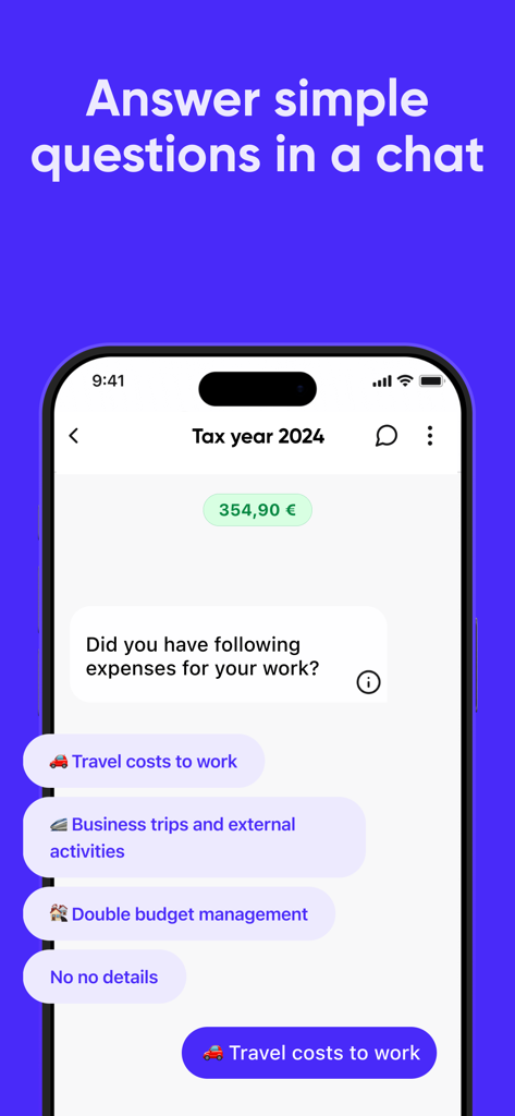 Mobile screen of Steuerbot app showing a chat interface for answering simple tax questions with a live refund calculation