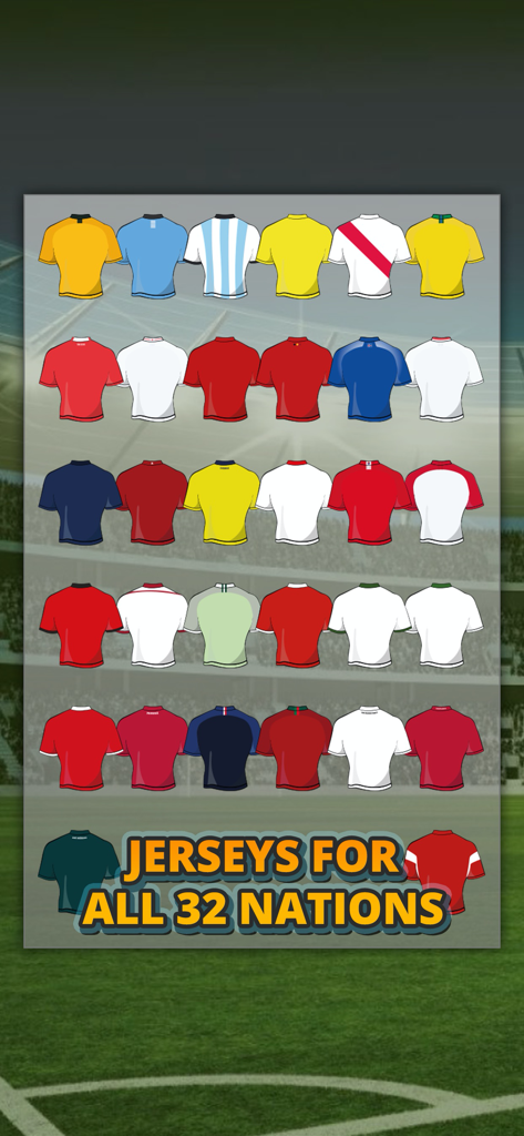 A collection of soccer jerseys from 32 different national teams in the Football Jersey Maker app