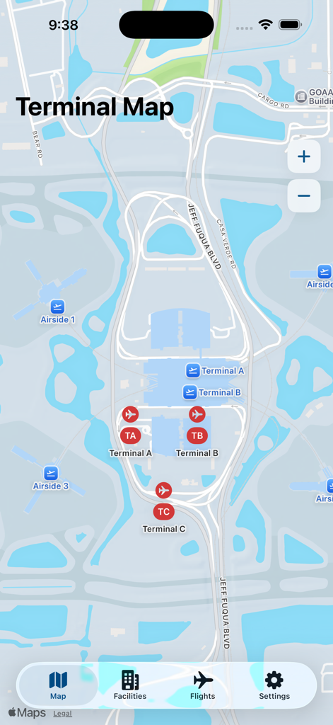 Orlando MCO Airport - Mapa interativo do terminal do Aeroporto de Orlando MCO mostrando os Terminais A, B e C