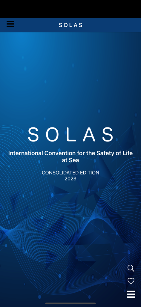 Schermata principale dell'app SOLAS Consolidato per le normative della Convenzione Internazionale per la salvaguardia della vita umana in mare.