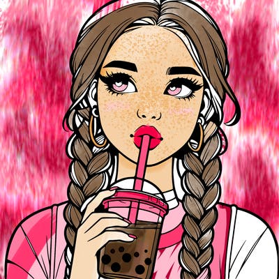 realistic girl with braided hair drinking boba
