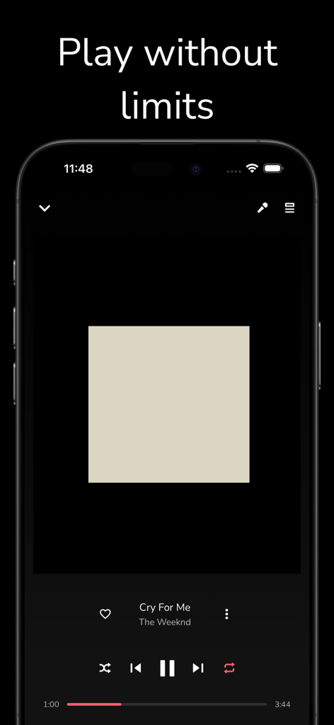 Freefy - Interfaccia dell'app di streaming musicale Freefy che mostra una canzone in riproduzione con il testo "Riproduci senza limiti"