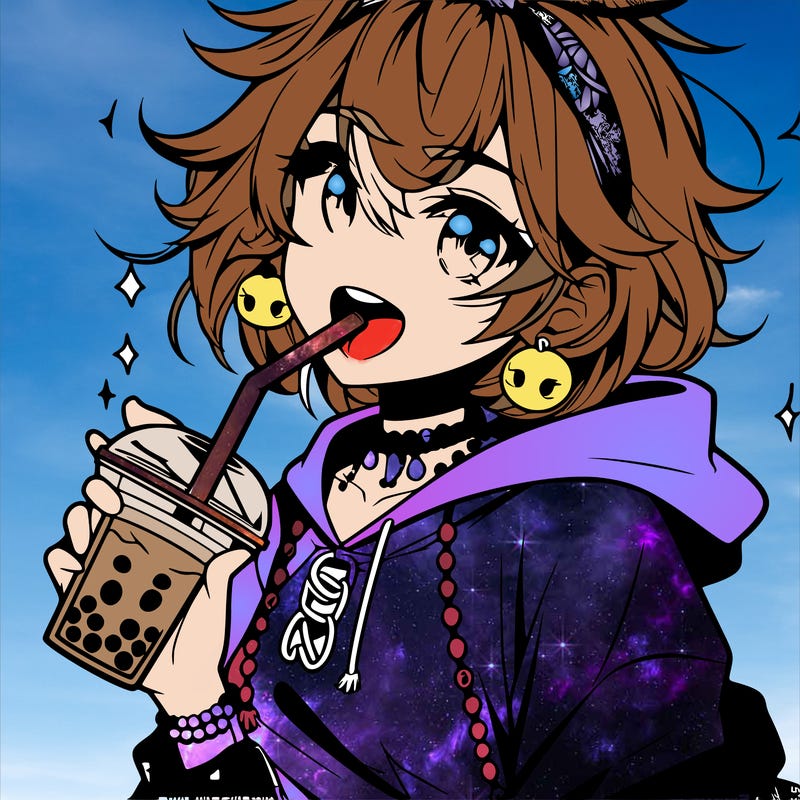 hot baddie anime girl drinking boba and biting the straw