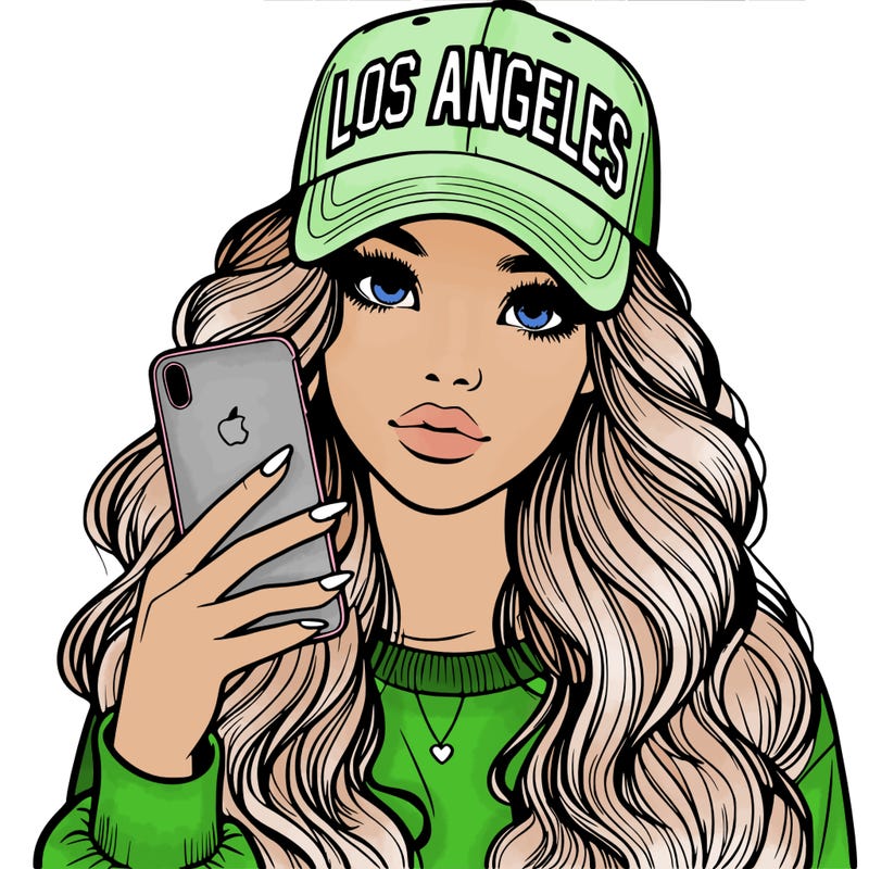 realistic beautiful girl wearing los ángeles cap holding an iphone