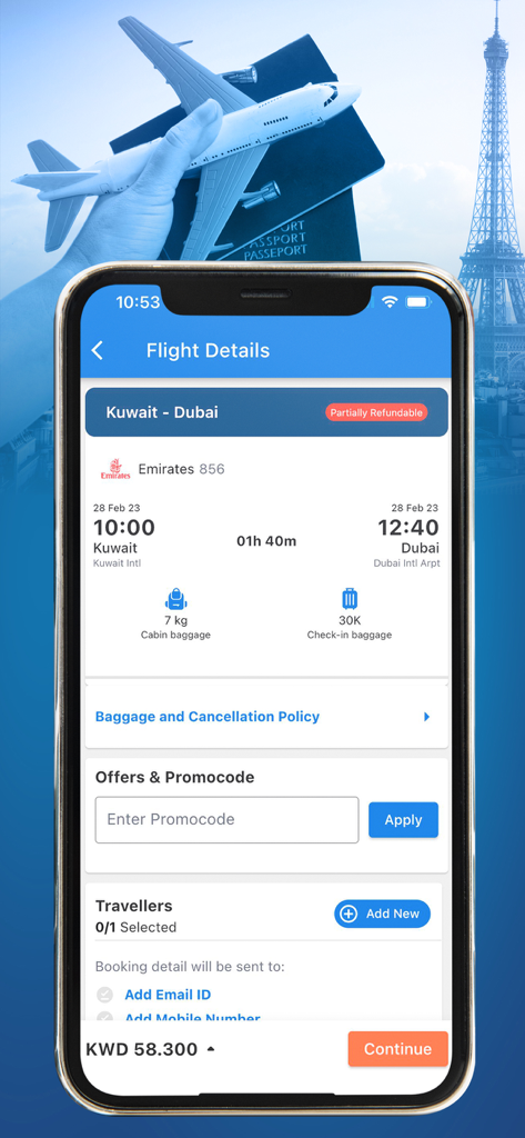 Mobile screen of 24 Flights app showing flight itinerary and baggage info for a trip from Kuwait to Dubai