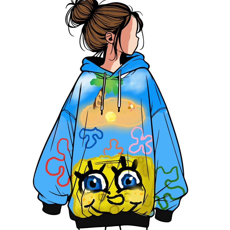 realistic girl with a oversized sweatshirt on and a bun