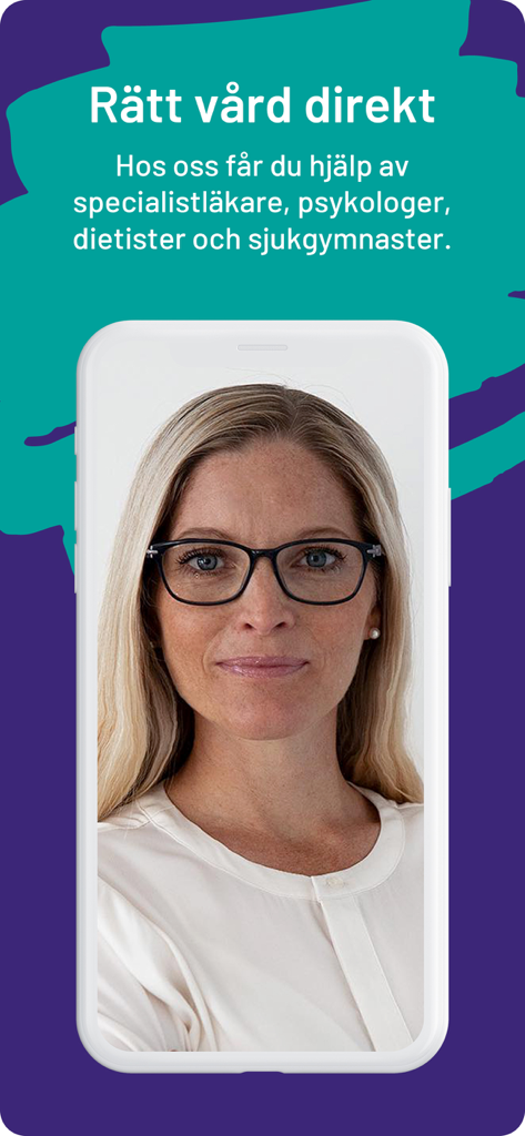 Uma mulher de óculos na tela de um smartphone representando uma videochamada com um especialista médico no aplicativo Medicheck.