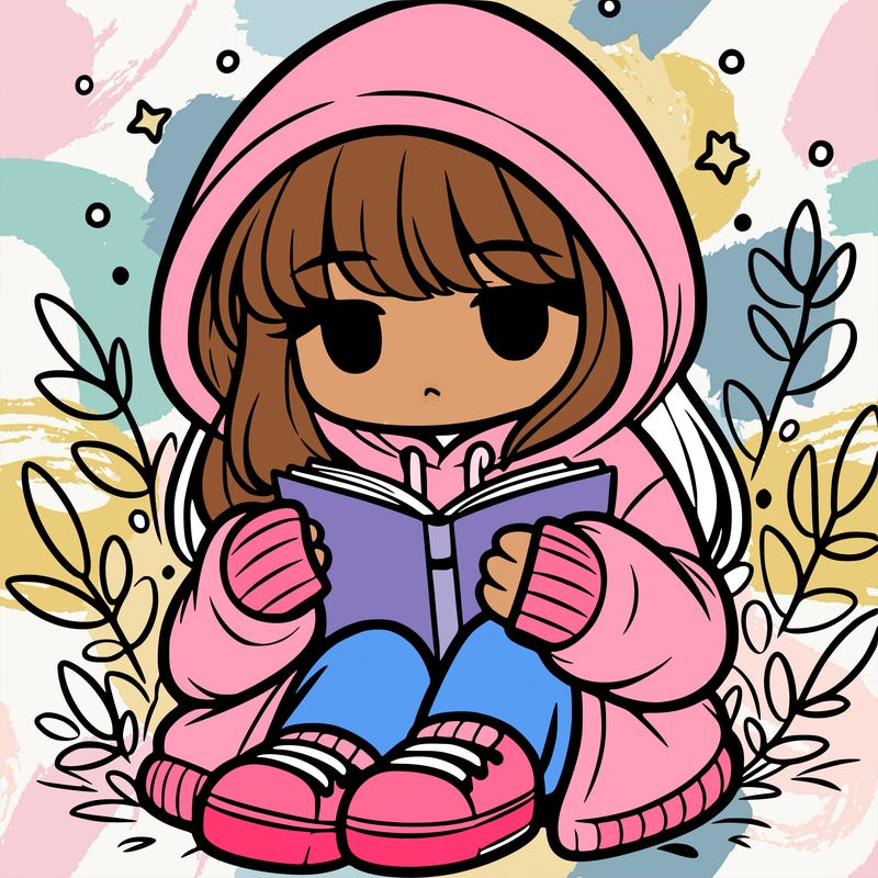 girl in oversized hoodie reading a book