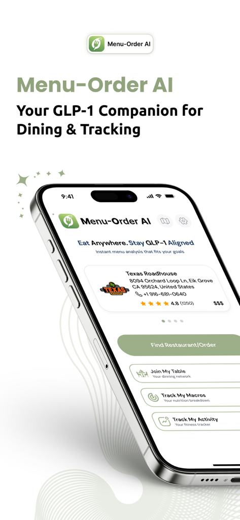 Menu Order AI: Find GLP1 Meals - Smartphone screen showing the Menu Order AI app interface with features for GLP-1 friendly dining and health tracking.
