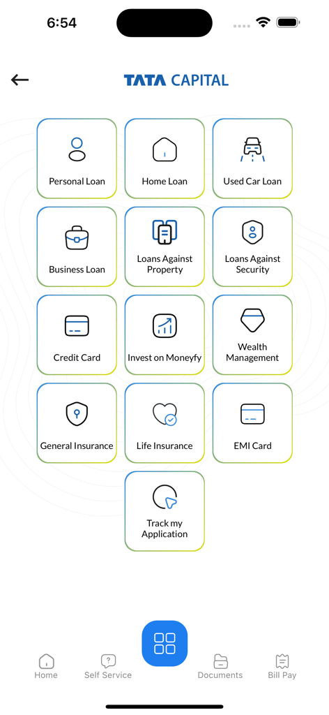 TATA Capital Loan & Wealth App - TATA Capital mobile app dashboard with loan and wealth management icons