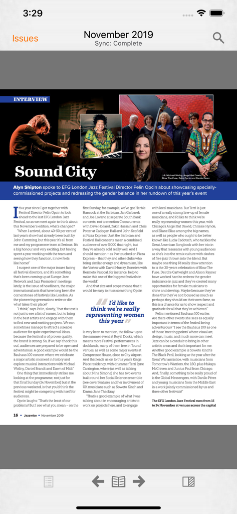 A digital page from the Jazzwise magazine app featuring an interview about the London Jazz Festival.