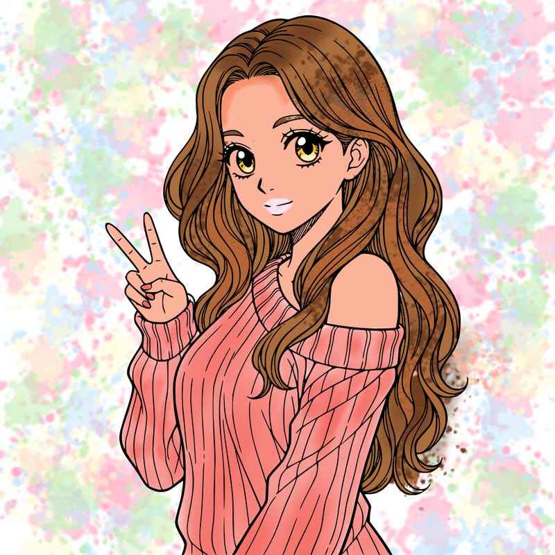 a girl with long hair. make only from her waist up showing and she is wearing g a sweater the is half off her shoulder. she needs to hold one peace sign. make her have no mouth, only have eyes. make her whole body facing the camera. and no black hair.