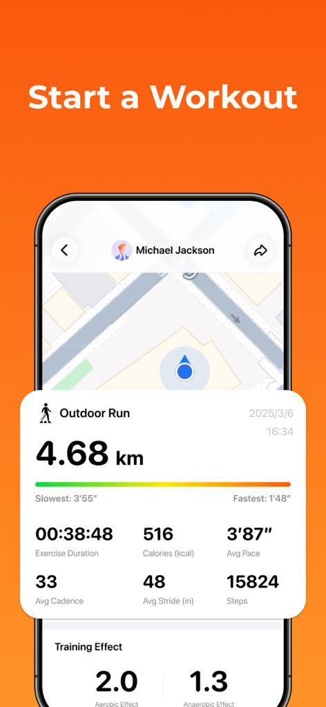 Runmefit - Runmefit app interface showing an outdoor run workout summary with distance duration calories and GPS map trajectory