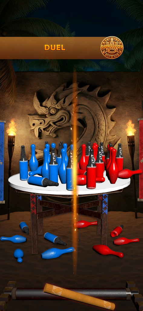 A 1v1 competitive duel in Survivor Duel showing red and blue pins on a table with a tropical background