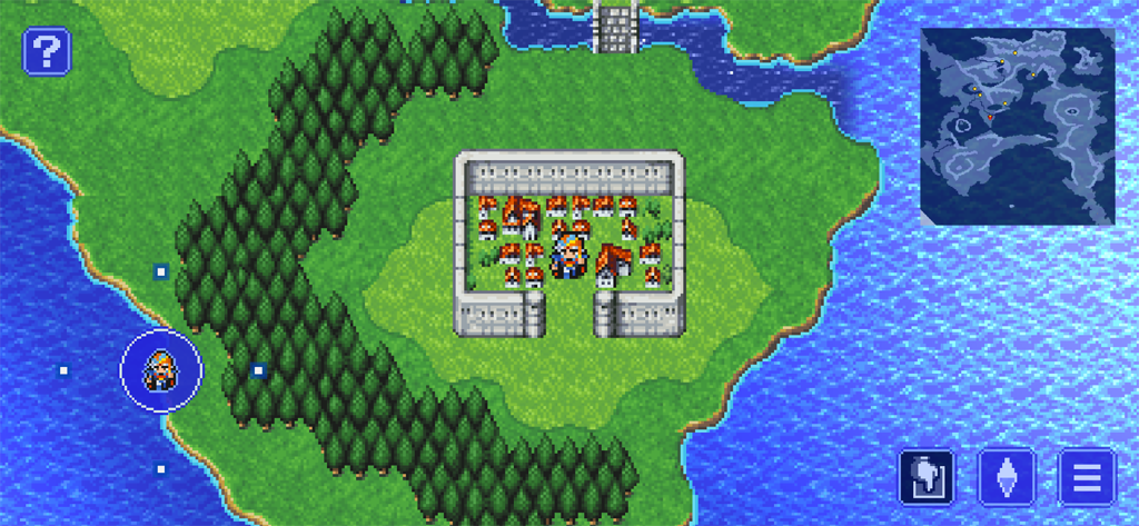 Mapa del mundo en el juego en Final Fantasy II Pixel Remaster mostrando un personaje cerca de un pueblo amurallado