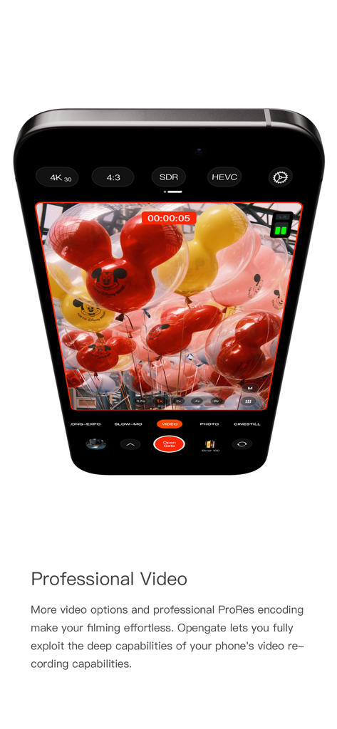 FotorGear - Camera in Pocket - Smartphone screen showing FotorGear app interface for professional video recording with 4K and manual settings